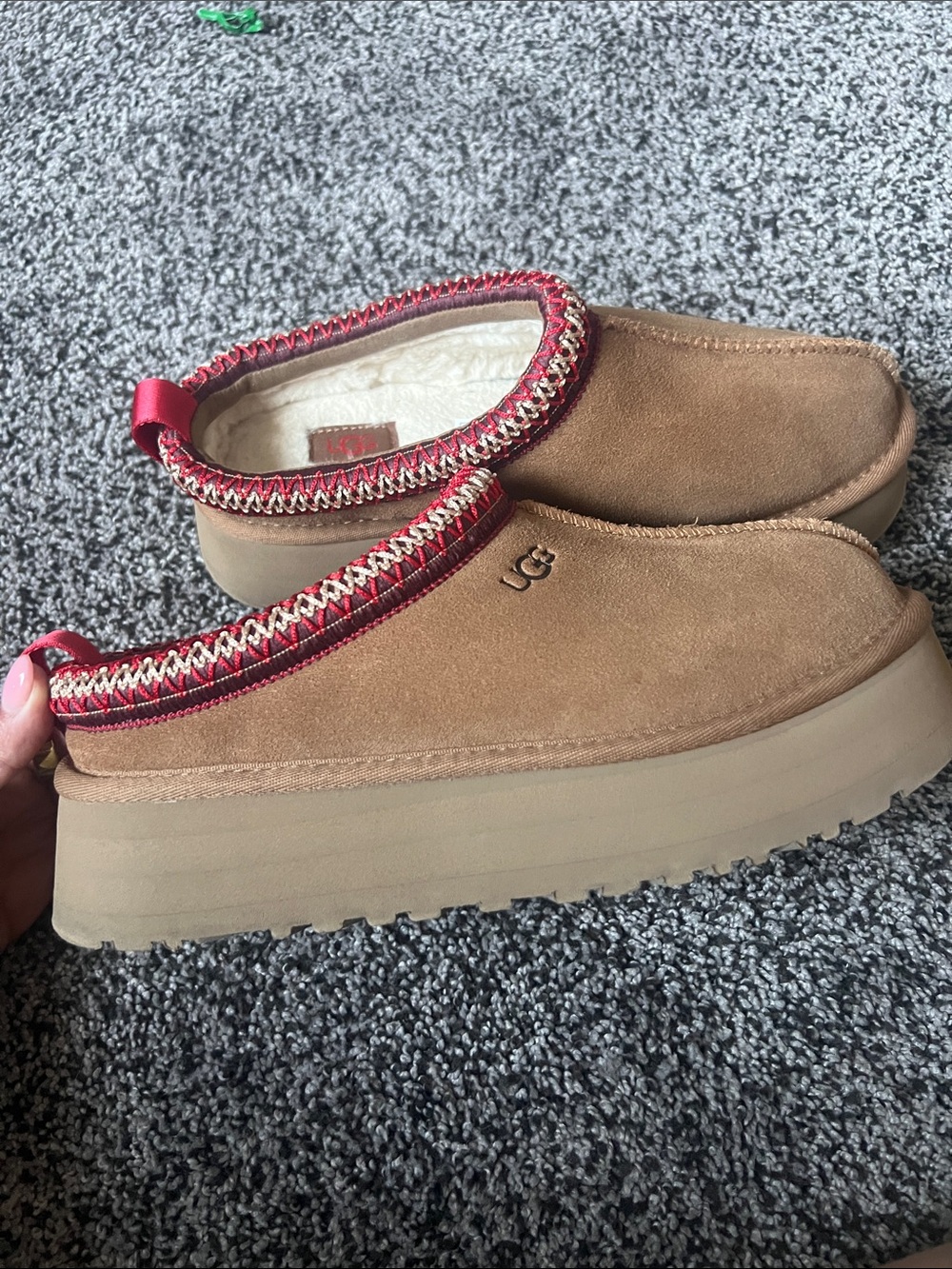 UGG womens Chestnut Suede Slip-On Loafers with Red Trim - Picture 2 of 5